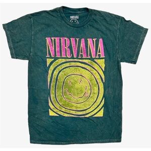 😊 NIRVANA Green/Pink/Yellow Tee T-Shirt Distressed Mineral Acid Wash Size Large